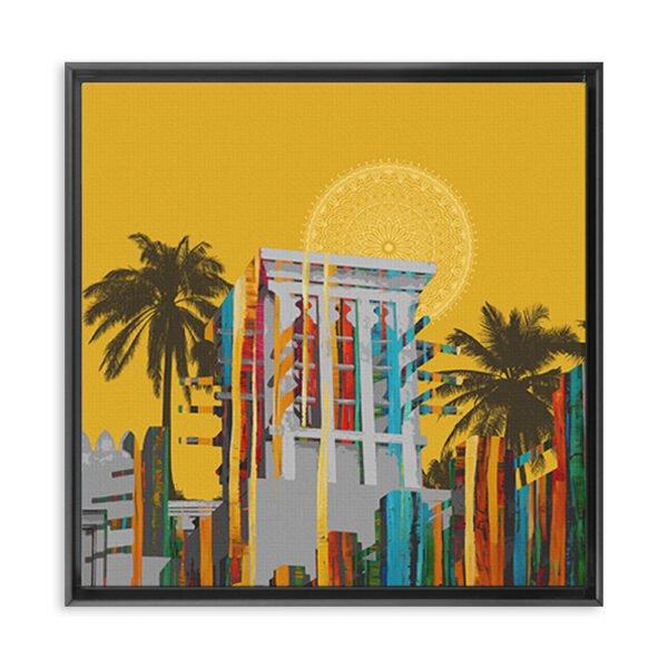 dubai wall art canvas with palm trees and modern architectural design