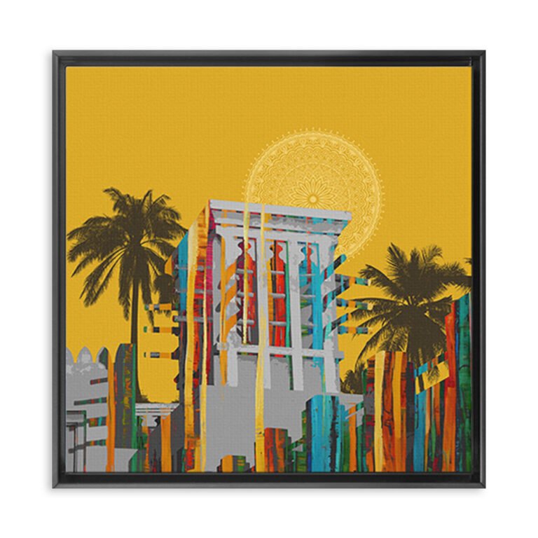 dubai wall art canvas with palm trees and modern architectural design