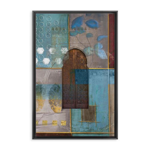 arabic door wall art canvas with geometric patterns and teal textured background