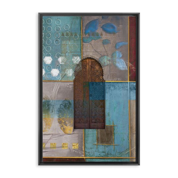 arabic door wall art canvas with geometric patterns and teal textured background