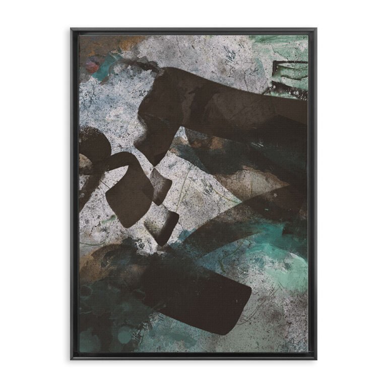 contemporary calligraphy art canvas with abstract strokes and textured teal tones