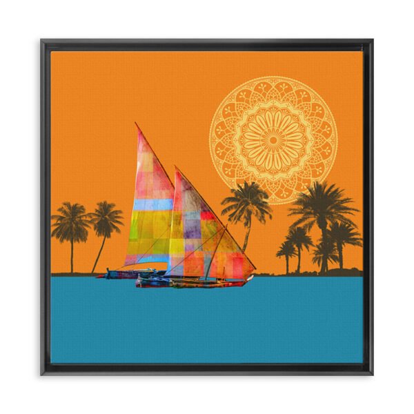 arabian coastal wall art canvas with dhow boat and palm trees in vibrant colors